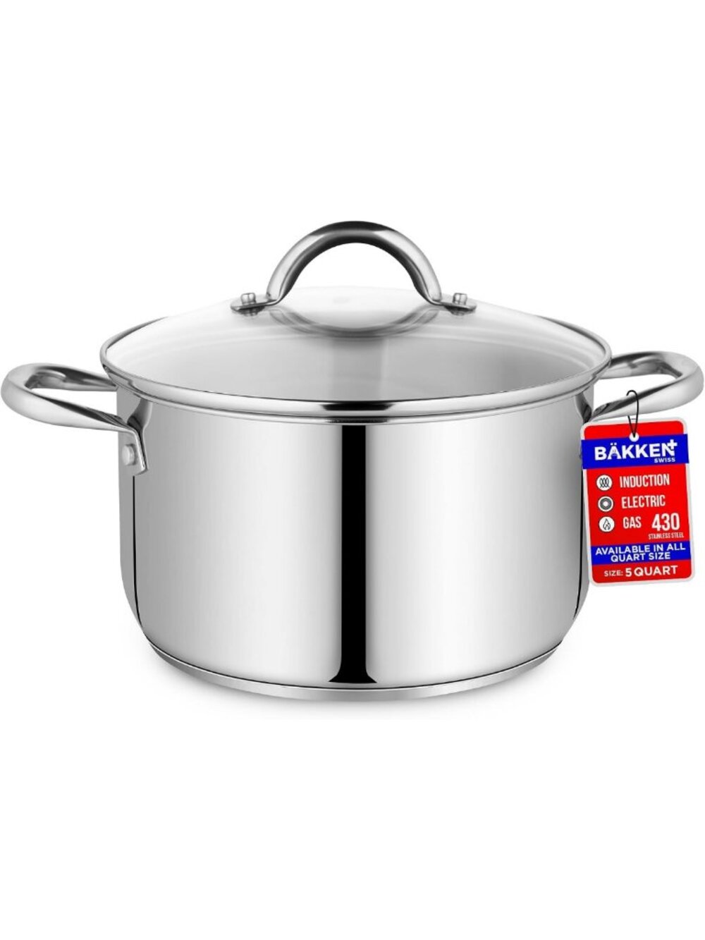 5 Quart Stainless Steel Stockpot with Glass Lid, Durable & Oven Safe, Even